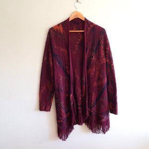 VTG Southwestern Boho Fringe Cardigan in Burgundy and Burnt Orange S